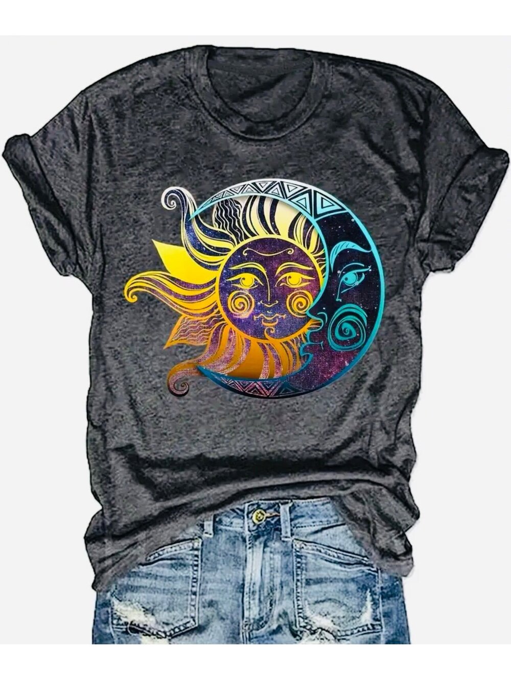 New - Chic - Sun & Moon Short Sleeve Graphic Print T-Shirt - Black - Size L